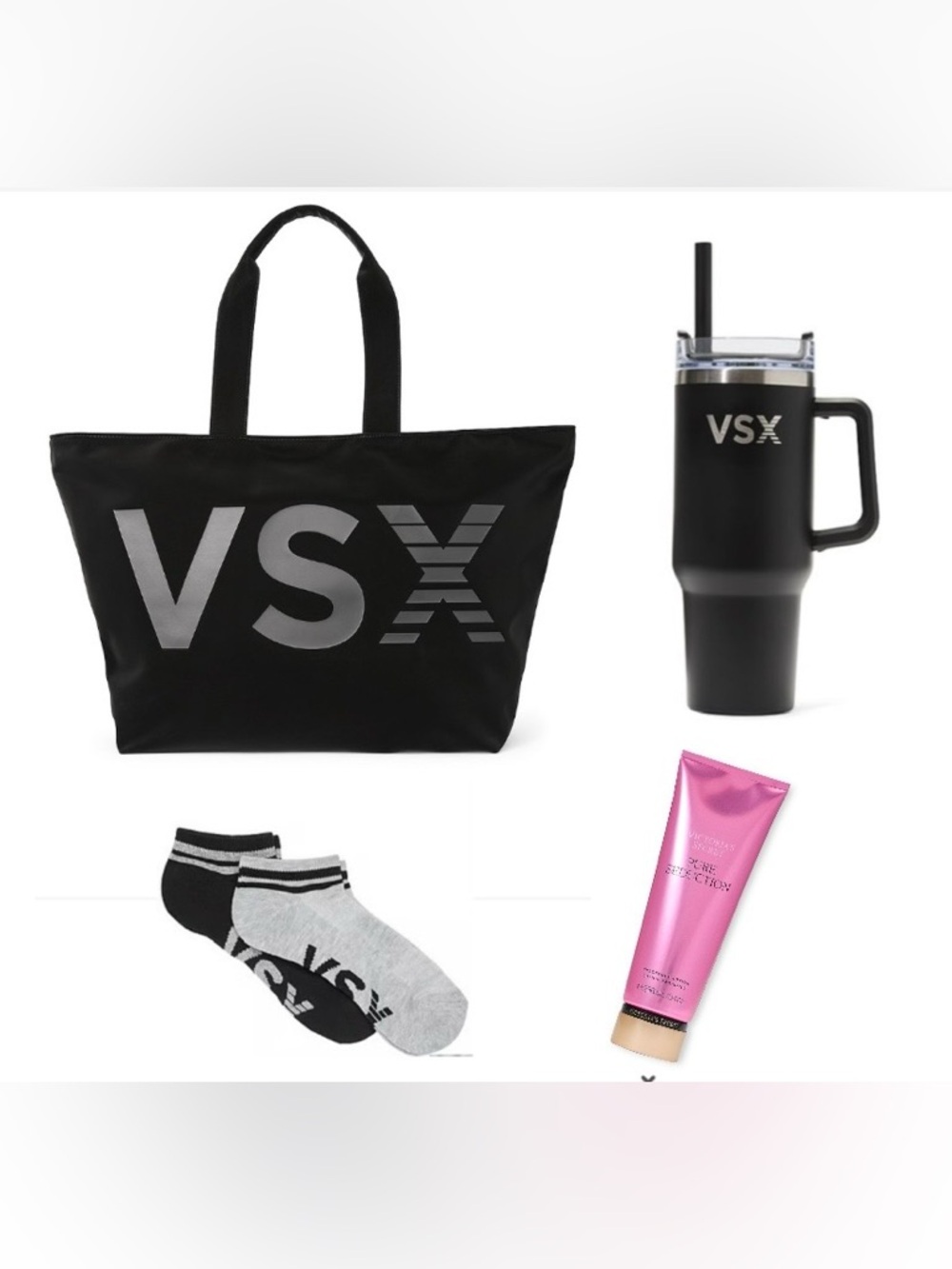 VSX Black Tote Bundle with Black Tumbler, Black & Gray Socks and Pink Lotion